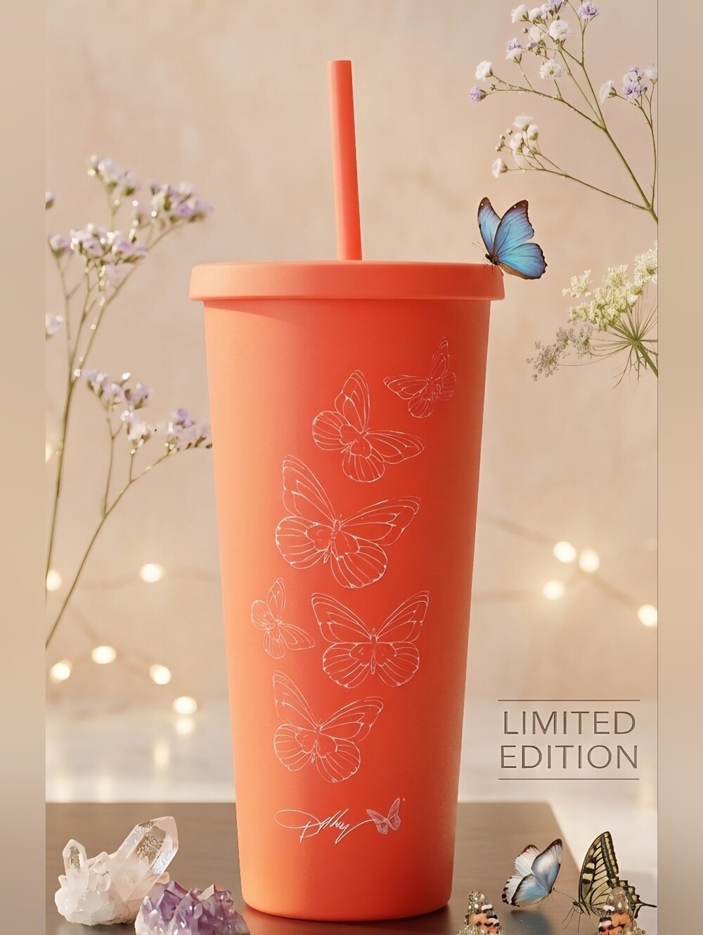 Dolly Limited Edition Coral Butterfly Tumbler with Straw